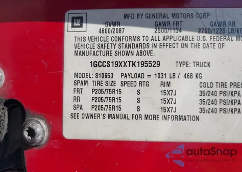 1996 Chevrolet S Truck S10 from USA, damaged, VIN 1GCCS19XXTK195529